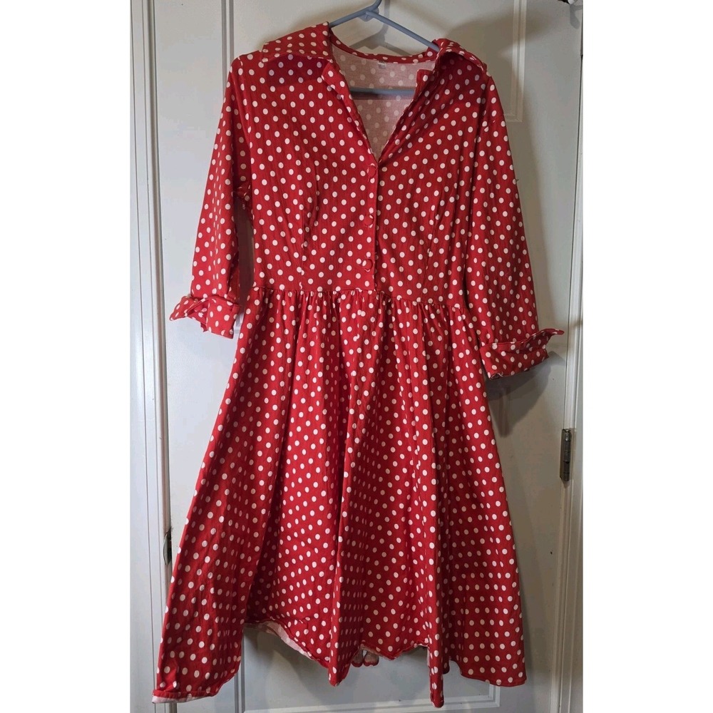 Womens Size 2xl Vintage Style Red White Polkadot Fit & Flare Midi Swing Dress